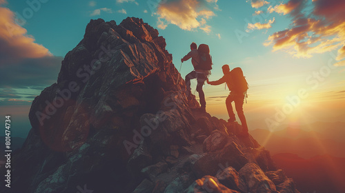 Climbers on the top of a mountain in the rays of the rising sun