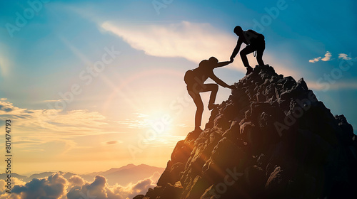 Silhouette of two climbers reaching the top of a mountain.