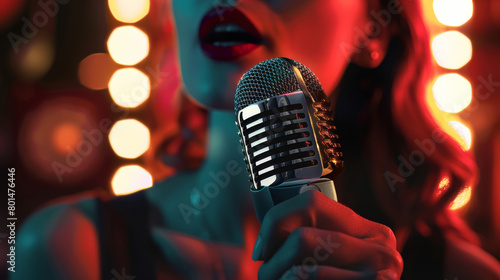  female singer holding a vintage microphone in a dark studio on a blurred background. A woman singing in the style of a retro music club or bar during an evening party. karaoke show poster 