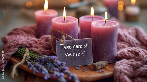 TAKE CARE OF YOURSELF sign and composition of lavender and candles. Self care motivation concept