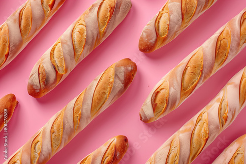French baguettes on pink background, top view. Delicious snack