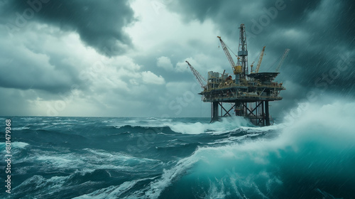 Offshore Oil Rig Facing Stormy Seas and Heavy Rain