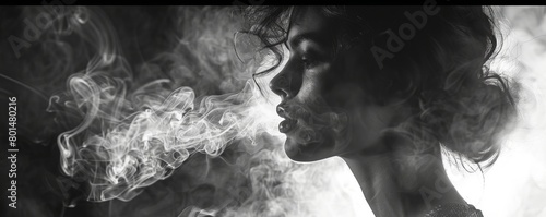 Black and white image of woman surrounded by smoke in film noir style