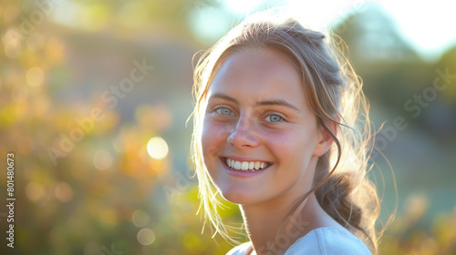 Linda mulher jovem sorrindo ao ar livre - retrato