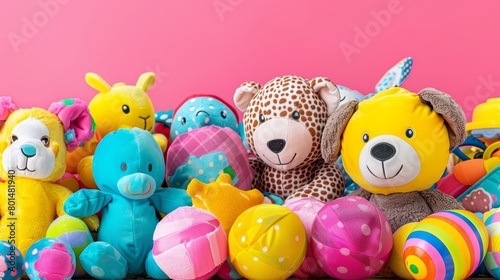  A collection of plush animals seated together on a wooden table before a pink wall