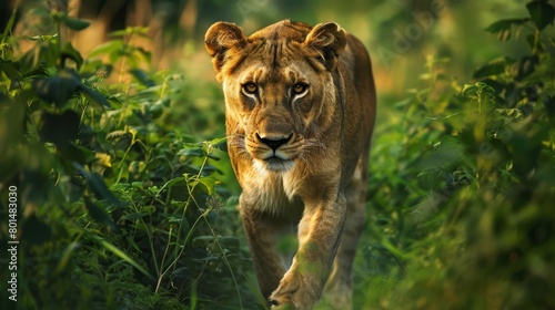 majestic lioness prowling through lush green wilderness wildlife photography