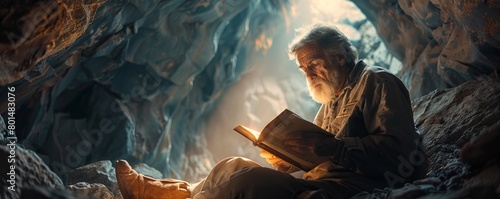 Old man writing his memoir journal in a dark cave.