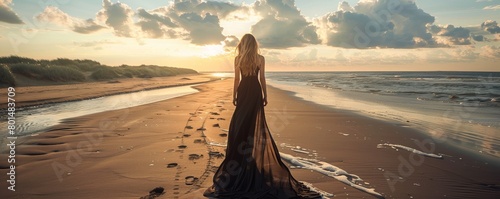 rear view of woman in long black dress standing alone on beach