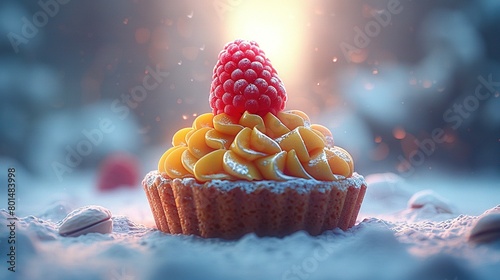  A macro of a cupcake with mac and cheese and a rasp on top