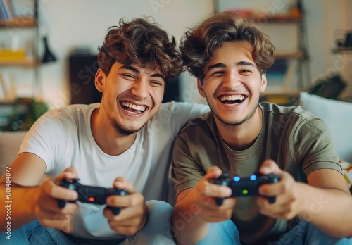  Two young men playing video games and laughing while sitting on the sofa at home, with their friends using game controllers in their hands. 