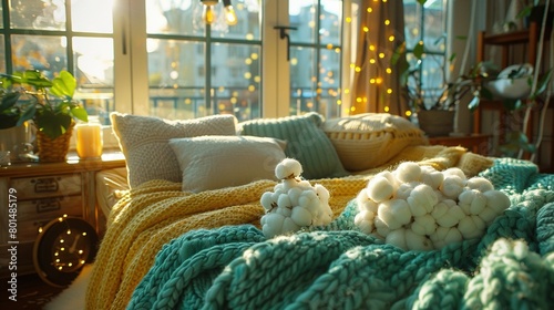  Neat bedroom with a cozy blanket covering the tidy bed and two poms on top