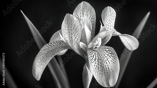  A monochrome image features a delicate flower with elongated stems in the foreground, while a solitary blossom dominates the background