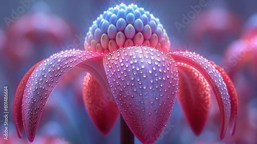  A close-up of a pink flower with drops of water on its petals and a blurry background