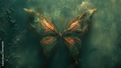  A butterfly with open wings on a green canvas