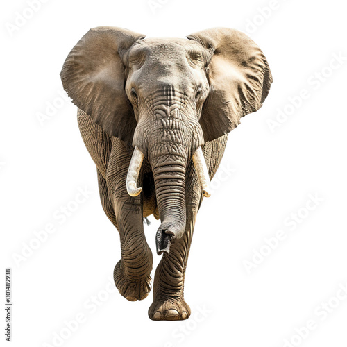 Elephant running towards camera on white background,png
