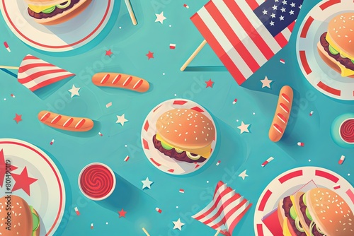 Flat llustration of a table set with burgers and hotdogs decorated for 4th of july or independence day celebration