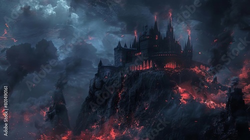 ominous demon castle perched on rocky cliff in fiery hellscape dark fantasy illustration