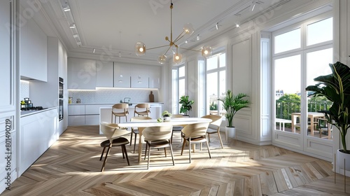 open elegance modern dining room and kitchen with white walls parquet floors and light wood furniture 3d interior rendering