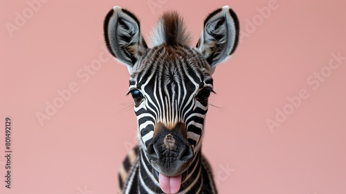  Close up of a zebra's face with tongue hanging out