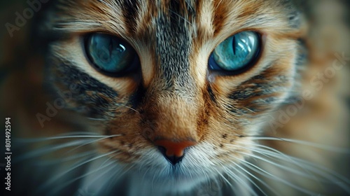  Close-up of a cat's face with blue eyes and visible whiskers in its fur