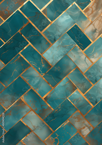 Abstract background featuring teal marble with burnt umber veins and gold herringbone patterns