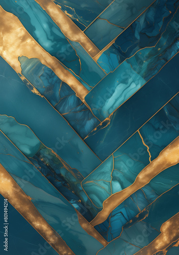 Abstract background featuring teal marble with burnt umber veins and gold herringbone patterns