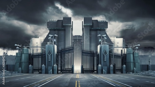 A massive, futuristic gate guards a high-security compound, featuring advanced surveillance and a stormy, ominous sky. The scene evokes a sense of mystery and danger.