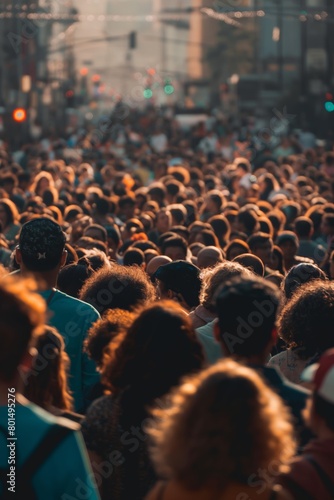 Image of a bustling street scene with a focus on individuals in the foreground, amidst a crowd, faces are blurred