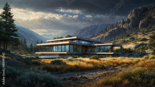A house stands in the center of a field with majestic mountains in the background