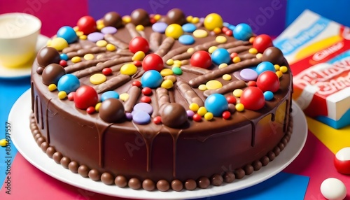 Milky Way Buttons, Maltesers, Smarties Minstrels and Chocolate Fingers decorating the top of a birthday cake.