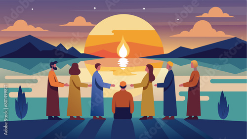 The sun sets over a serene lake as leaders from different faiths stand in a circle each holding a candle as they offer reflections on the beauty of. Vector illustration