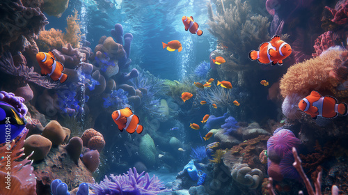 Sunlit Coral Reef with Clownfish and Colorful Marine Life