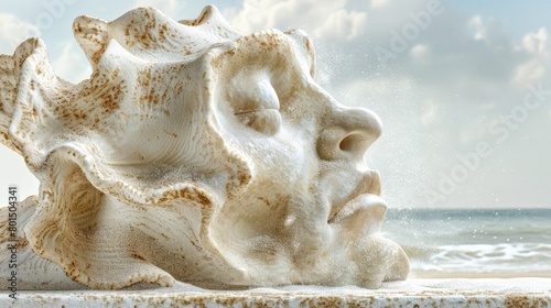  A tight shot of a seashell on sandy shore, ocean backdrop, clouds above