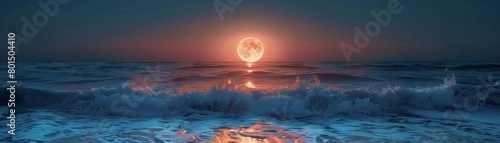 Moonlit seascape with a full moon reflecting on the water, gentle waves lapping the shore