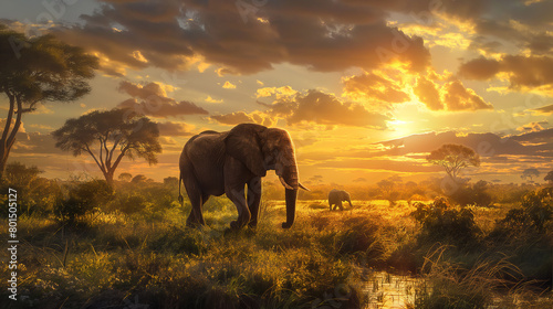 African Elephant at Sunset in Savannah Landscape