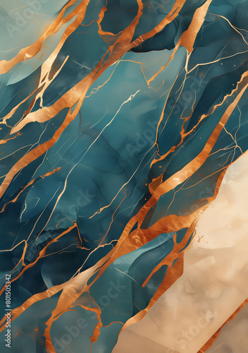 Abstract background featuring teal marble with burnt umber veins and gold herringbone patterns