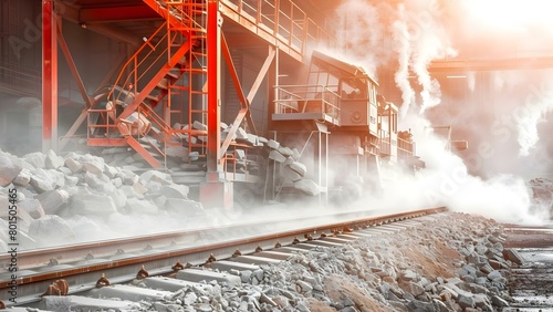 Industrial machines transform stones into railway track covering in dusty quarry. Concept Industrial Machinery, Stone Processing, Railway Tracks, Quarry Operations, Dusty Environment