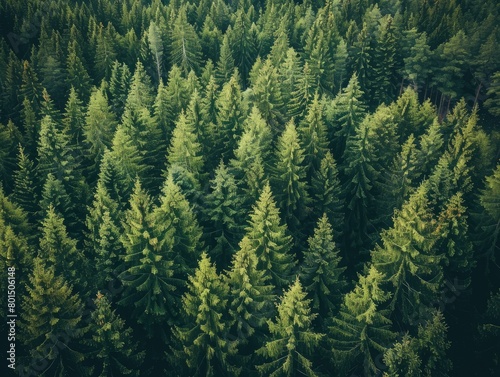 Overhead view of a lush evergreen landscape with pine trees and larches