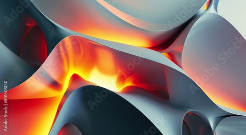 Close up of the curved surface of an abstract organic form with sharp edges on a grey background with red and yellow lighting, rendered in the style of cinema4d. 