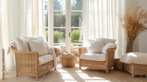 Elegant sunroom featuring classic wicker furniture and light, breezy curtains, sun streaming in, creating a warm and inviting space for relaxation