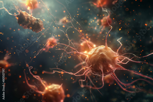 Rendered image of cancer cells in a dynamic cluster, showcasing the aggressive growth and interaction between cells