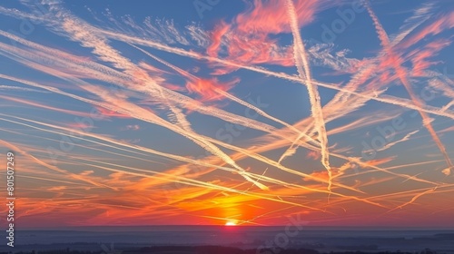  A sunset with sun in the middle, contrails trailing above, and horizon in the backdrop