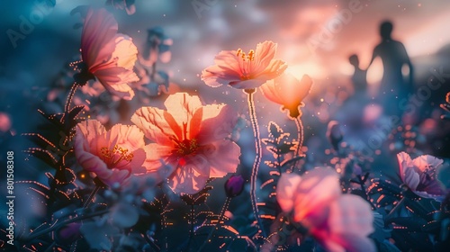 Enchanting Floral Landscape at Dusk with Vibrant Blooms and Ethereal Lighting