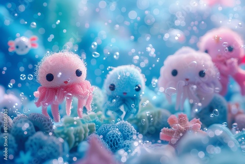 Enchanting Kawaii Creatures in an Underwater Pointillist Wonderland