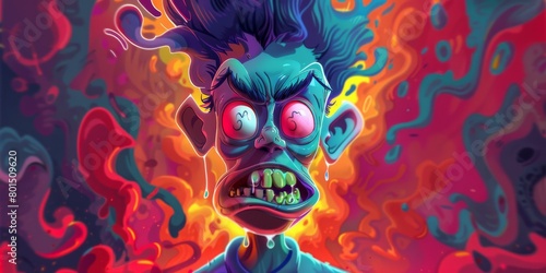 A painting depicting an angry aggressive man with a vibrant blue hair and piercing red eyes