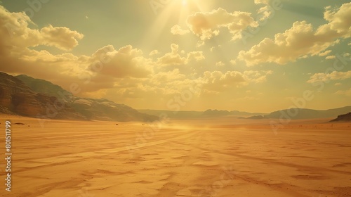 An expansive desert landscape, where the golden sands stretch endlessly, framing a solitary blank canvas under the boundless sky