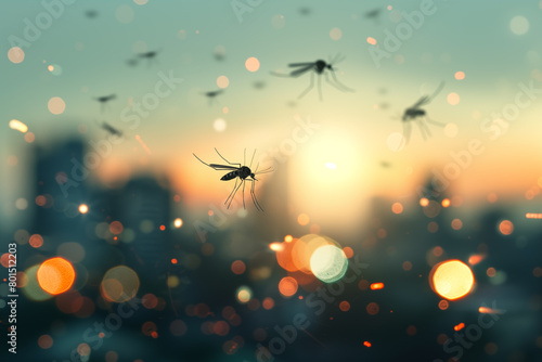 A group of dengue mosquitoes flying on the evening city blurred background, close up photo