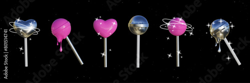 Trendy set of lollipops in y2k style. Round, heart-shaped candies with a smooth flowing texture in pink or metallic chrome color. Vector illustration of 3D candies.