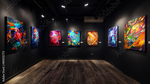 A series of vibrant, abstract paintings hanging on the walls of a dark, minimalist room, adding depth to the space.