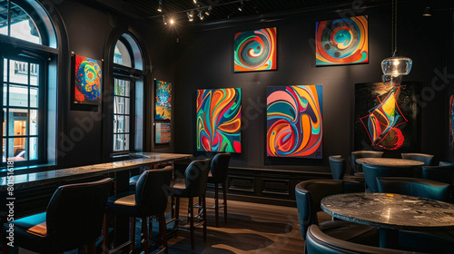 A series of colorful, abstract paintings hanging on the walls of a dark, elegant room, adding visual interest to the space.